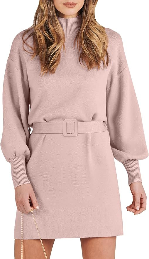 ANRABESS Women's Sweater Dress 2023 Winter Casual Long Sleeve Mock Neck Tie Waist Elegant Knit Mi... | Amazon (US)