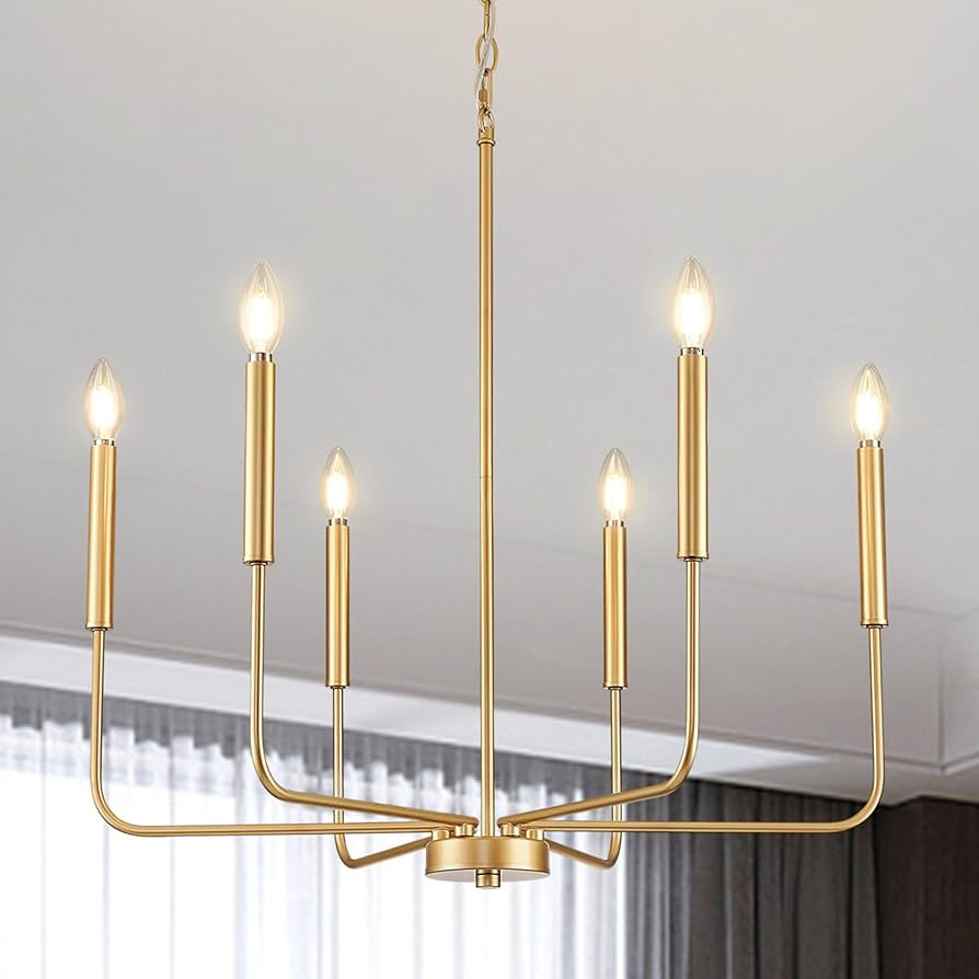 Modern Gold Chandelier, 6-Light Metal Farmhouse Dining Room Light Fixture, E12 Candle Hanging Pan... | Amazon (US)