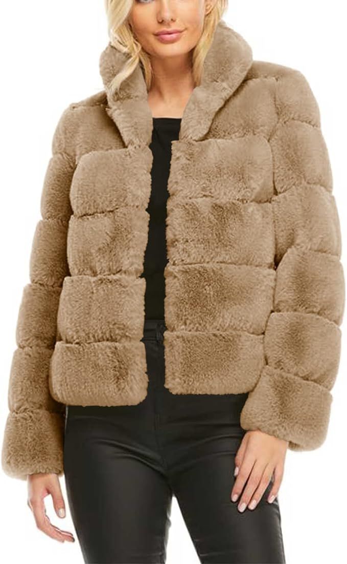 Womens Faux Fur Posh Jacket Open Front Cardigan Stand-Up Collar Parka Shaggy Coat Closures Outwea... | Amazon (US)
