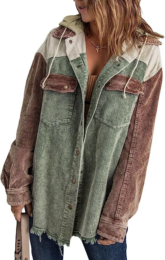 Sidefeel Women Corduroy Hooded Colorblock Long Sleeve Jacket Raw Hem Coat Outwear | Amazon (US)