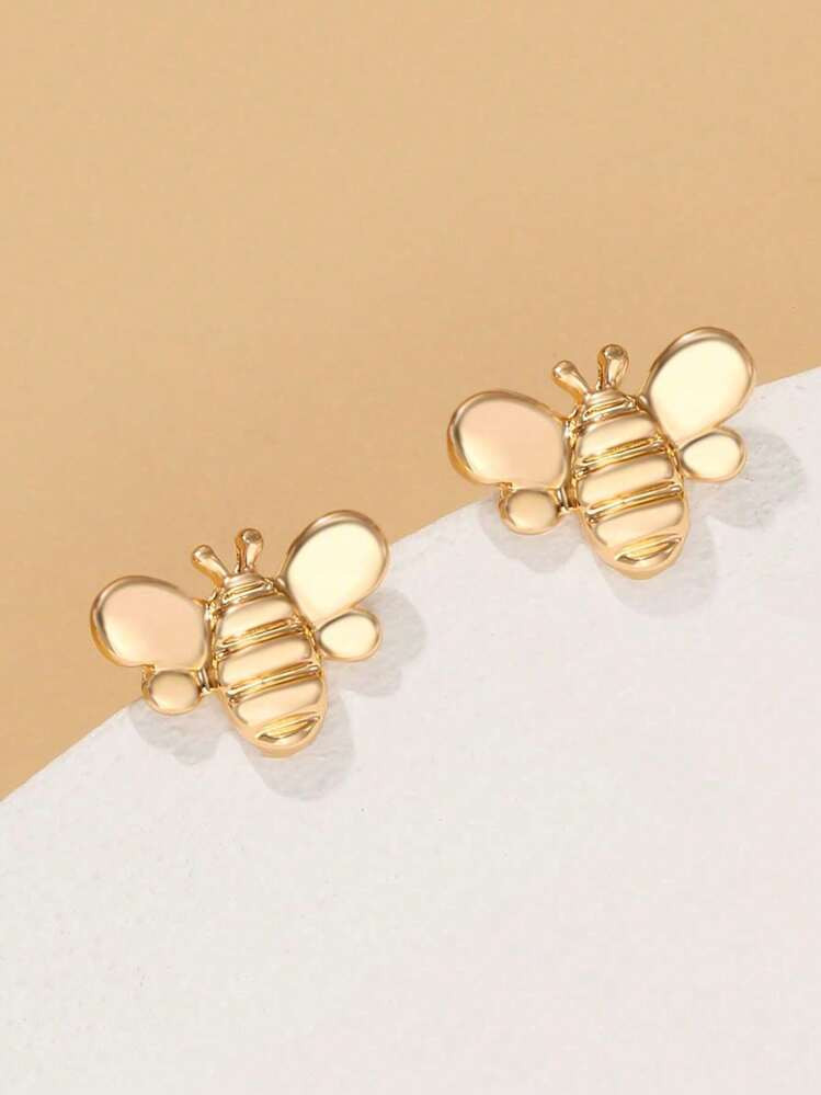 1 Pair Cute & Fun Gold-Plated Stainless Steel Insect Bee Shaped Stud Earrings, Suitable For Child... | SHEIN