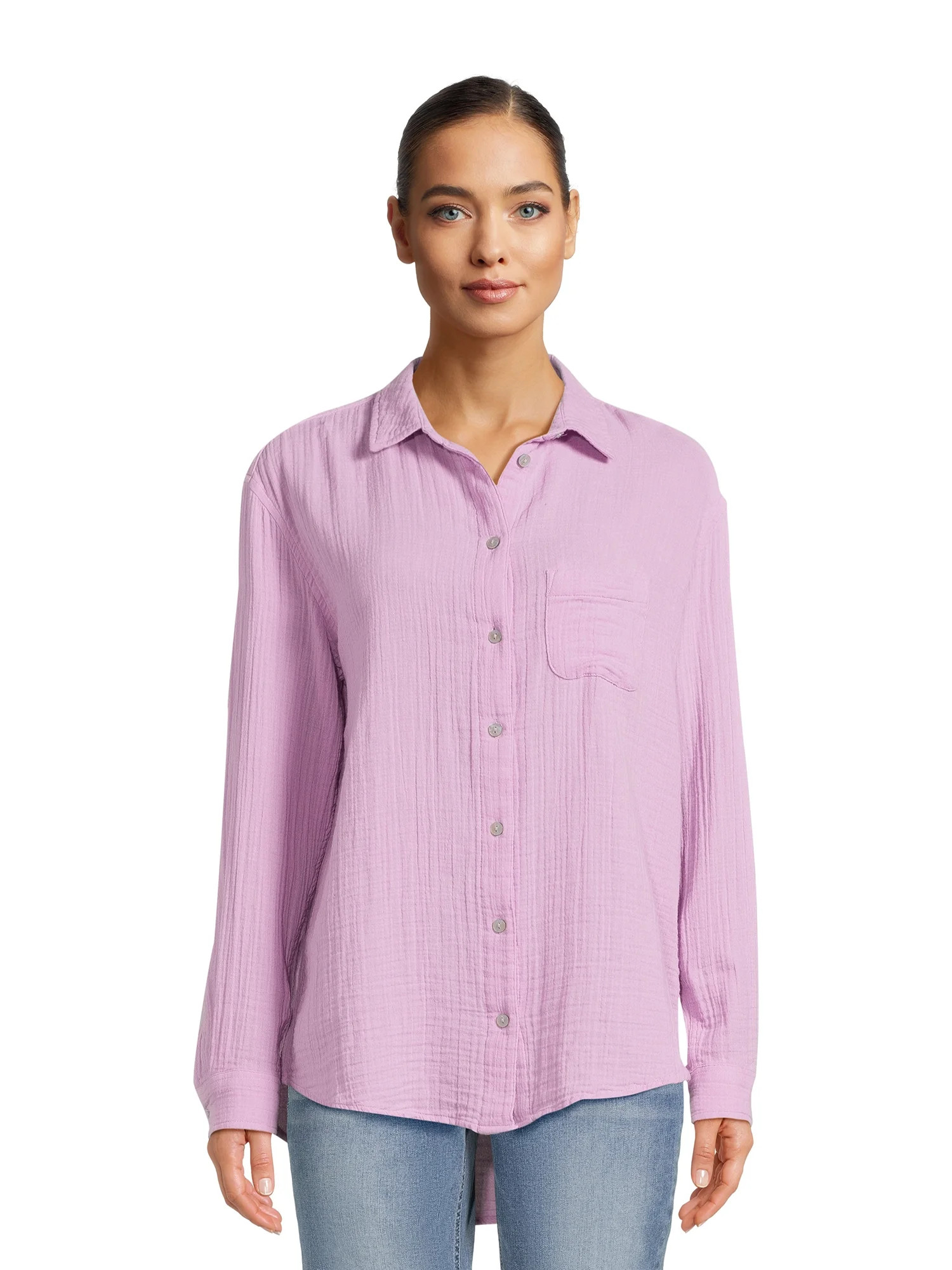 Time and Tru Women’s Double Cloth Shirt with Long Sleeves, Sizes XS-XXXL | Walmart (US)
