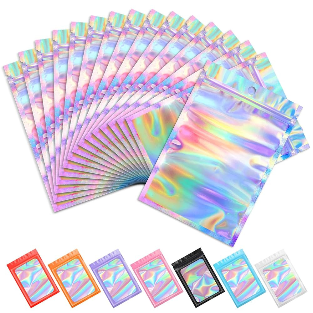 Funfery 100 pcs Mylar Holographic Bags Packaging Bags,Clear Resealable Smell Proof Bag Foil Pouch... | Amazon (US)