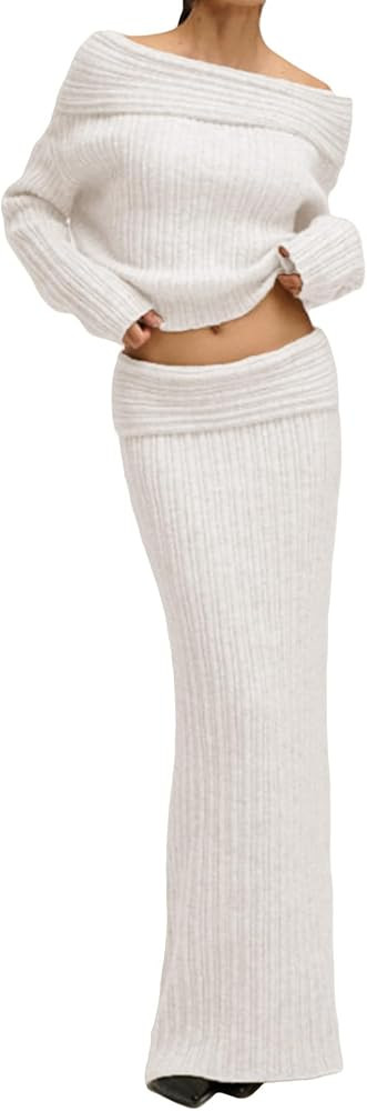 Unybwonn Skirt Sets Women 2 Piece Outfits off the Shoulder Sweater and Knitted Skinny Maxi Skirts... | Amazon (US)