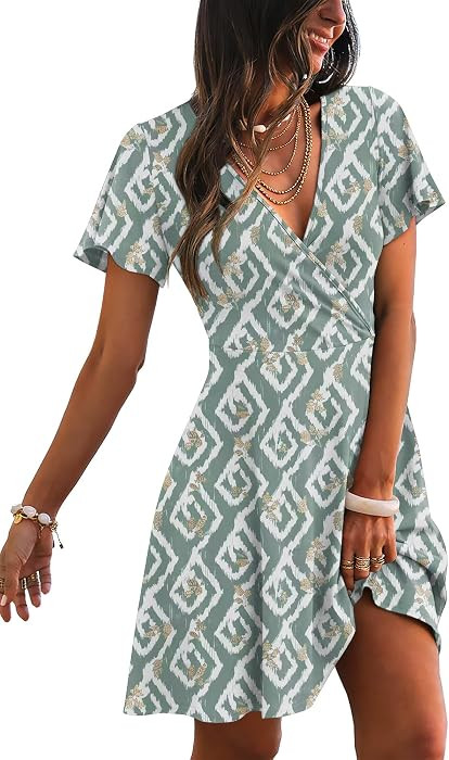 RUMIA Women Casual Dresses Wrap V Neck Dress A-Line Summer Sundress Fashion | Amazon (US)