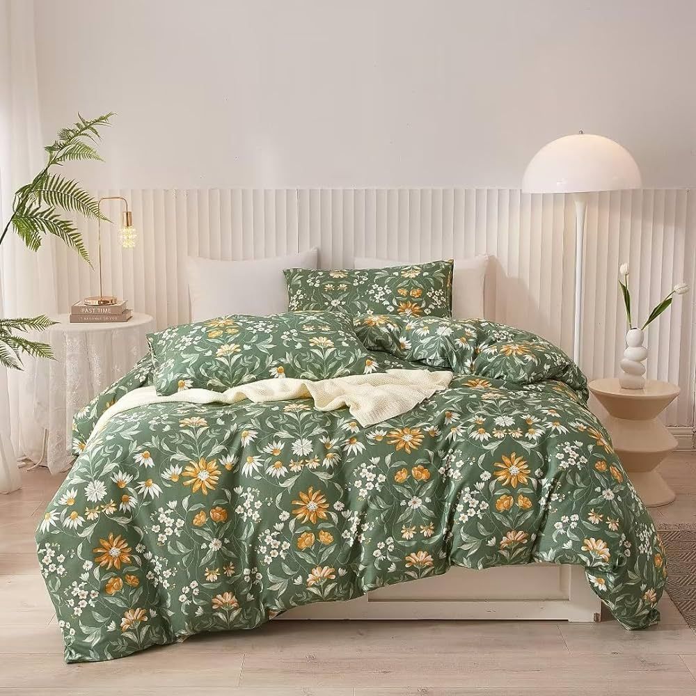 Green Floral Duvet Cover Queen Size 100% Cotton Botanical Yellow and White Flowers Pattern Beddin... | Amazon (US)