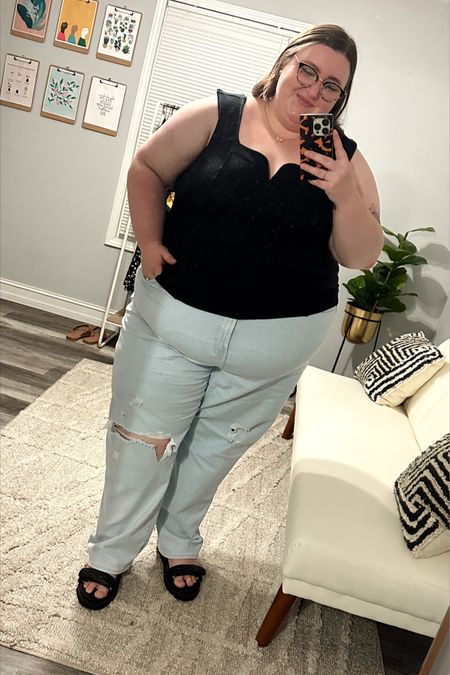 Plus size OOTD – wearing a super cute corset-style tank from Target (3X), a pair of relax fit wide-leg jeans from Old Navy (I sized up to a size 30), and a pair of old sandals from Target (linked similar). Glasses are Warby Parker. 

#LTKSeasonal #LTKcurves #LTKstyletip
