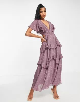 ASOS DESIGN textured tiered midi dress with lace insert and open back in mauve | ASOS (Global)