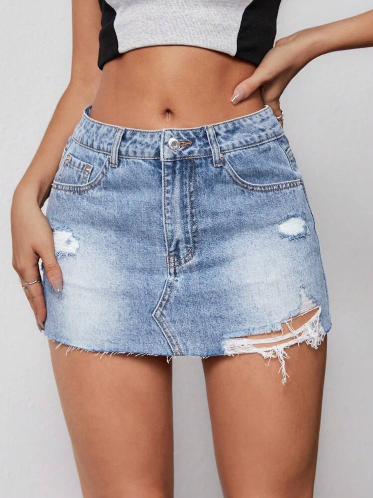 SHEIN EZwear Ripped Raw Hem Denim Mini Skirt For Summer | SHEIN