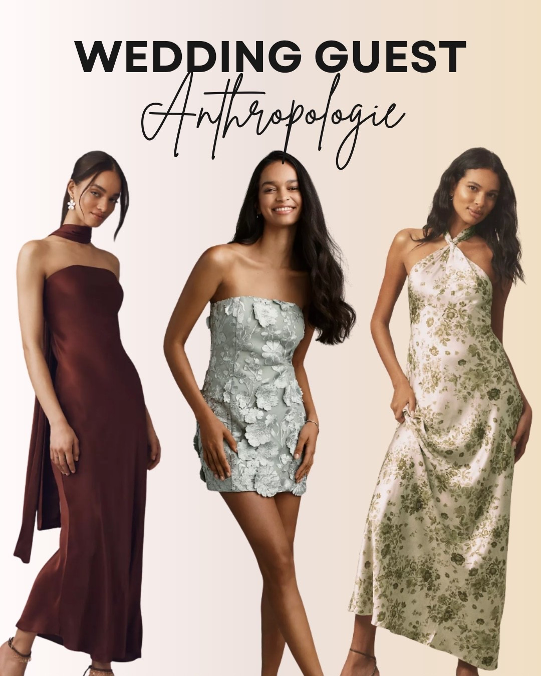 These Anthropologie wedding guest dresses are the perfect mix of elegance and charm. The satin halter-neck slip dress stuns in a rich burgundy, the strapless mini shines with intricate floral appliqué, and the halter maxi wows with its soft green botanical print. Perfect for spring and summer weddings, these chic silhouettes are must-have LTK finds for your next special occasion.

#LTKSeasonal #LTKWedding #LTKTravel