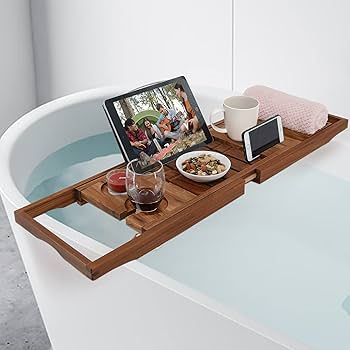 VaeFae Teak Bathtub Tray, Expandable Wooden Bath Tray for Tub with Wine and Book Holder, Solid Ba... | Amazon (US)