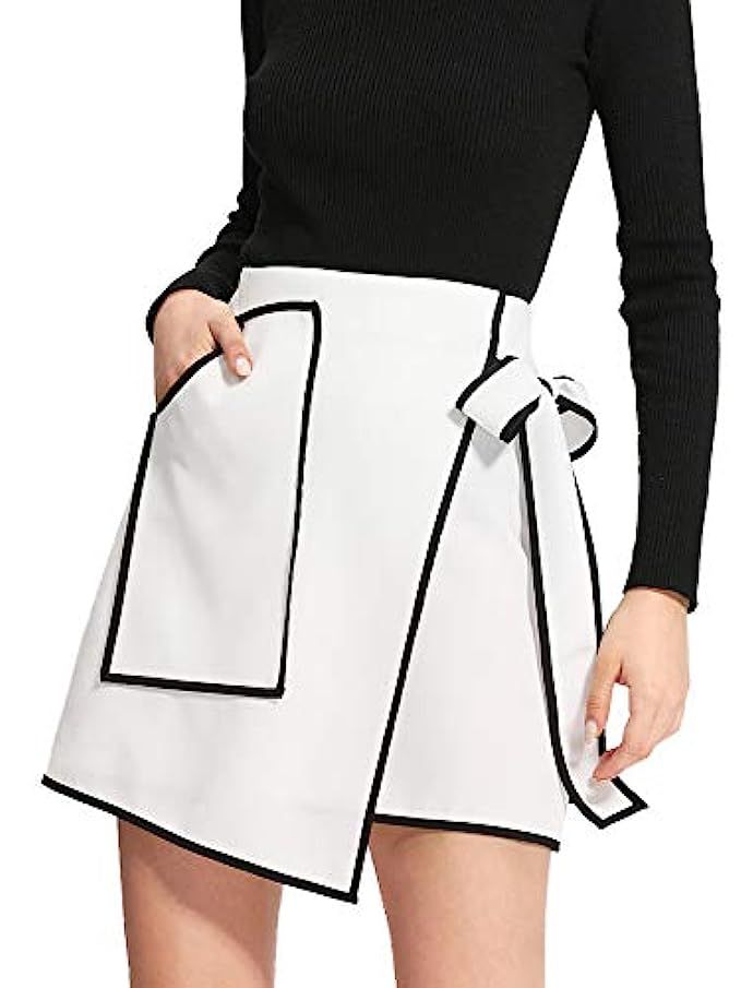 SheIn Women's Contrast A-Line Bow Tie Mini Skirt with Pocket | Amazon (US)