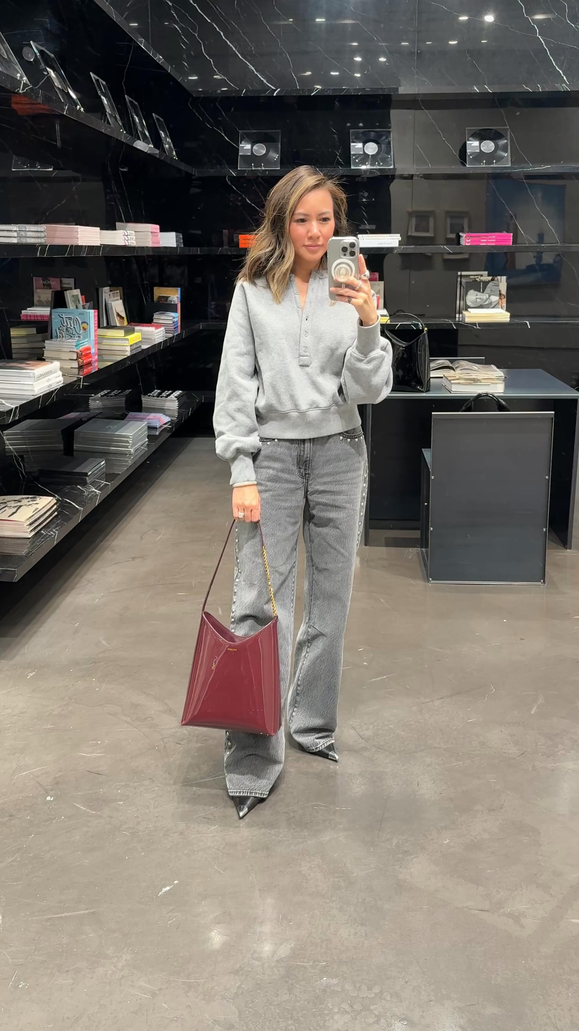 Shopping at Saint Laurent 🩶 Love this wine color patent leather bag from Saint Laurent. So chic and elegant. Also comes in a gorgeous black color. Would make a beautiful luxe gift for her. 

Fall outfit, fall fashion, grey outfit, monochromatic outfit, sweatshirt, studded jeans, jeans, designer purse, designer bag, gift guide, gift ideas for her, The Stylizt 






#LTKGiftGuide #LTKItBag #LTKHoliday