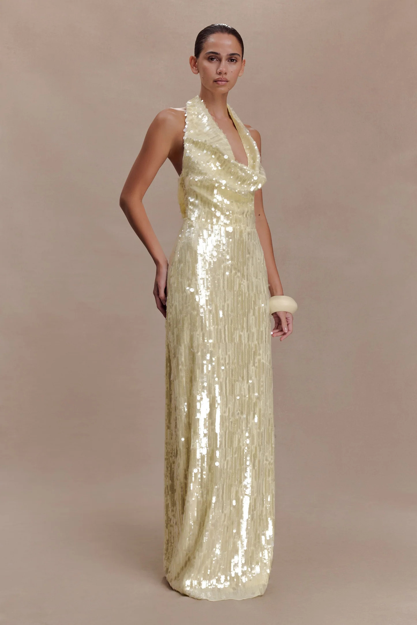 Sequin Halter Maxi Dress - Lemon | MESHKI US