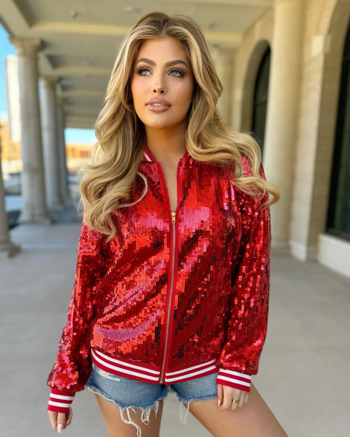 Red Sequin Varsity Stripe Jacket | Live Love Gameday®