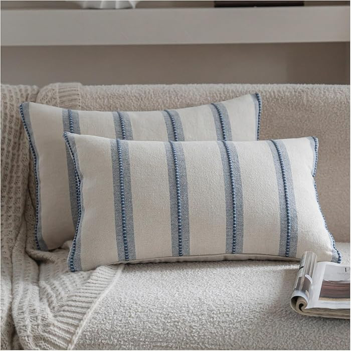 Cethom Boho Lumbar Throw Pillow Covers 12x20 Set of 2, Beige and Blue Striped Decorative Pillow C... | Amazon (US)