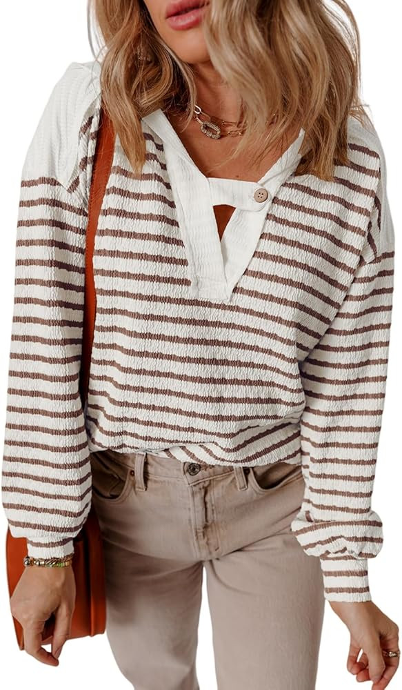 EARKOHA 2025 Women's Blouse Khaki Stripe Textured Hooded V Neck Casual Long Sleeve Top | Amazon (US)