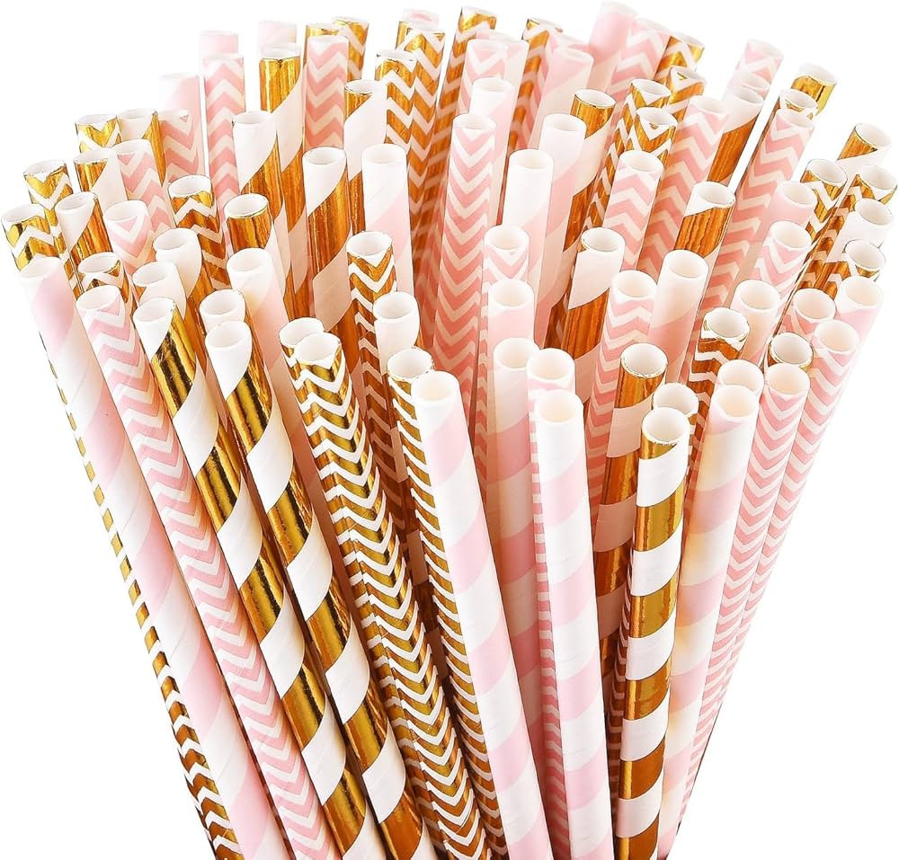 ALINK Biodegradable Paper Straws, 100 Pink Straws/Gold Straws for Party Supplies, Birthday, Weddi... | Amazon (US)