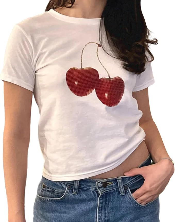 Women Y2k Print Short Sleeve T Shirt Cherry Printed Tees Crop Tops Slim Fit Round Neck E-Girls Cl... | Amazon (UK)
