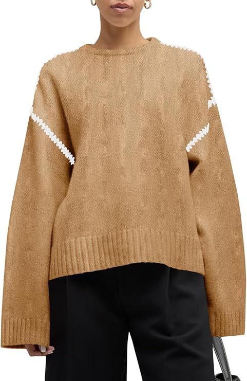 Saodimallsu Womens Sweaters Crewneck Long Sleeve Fall Chunky Knit Sweater Color Block Slouchy Loo... | Amazon (US)