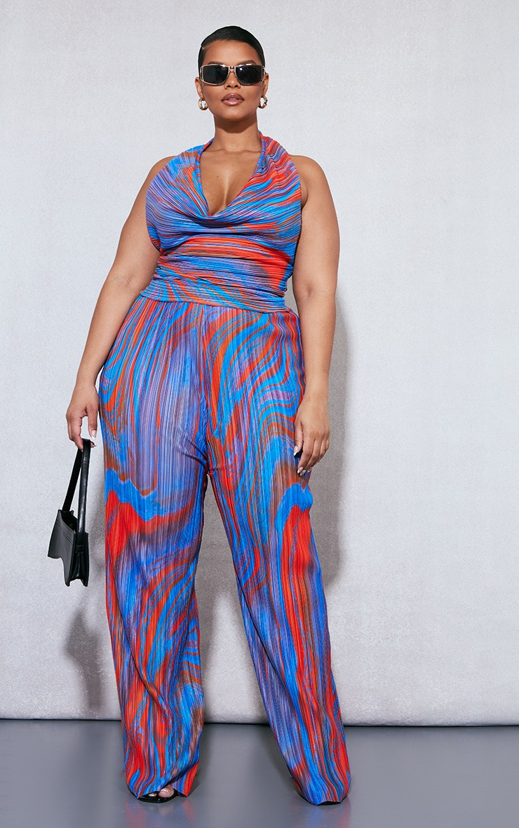 Plus Blue Marble Printed Plisse Scoop Neck Top | PrettyLittleThing US