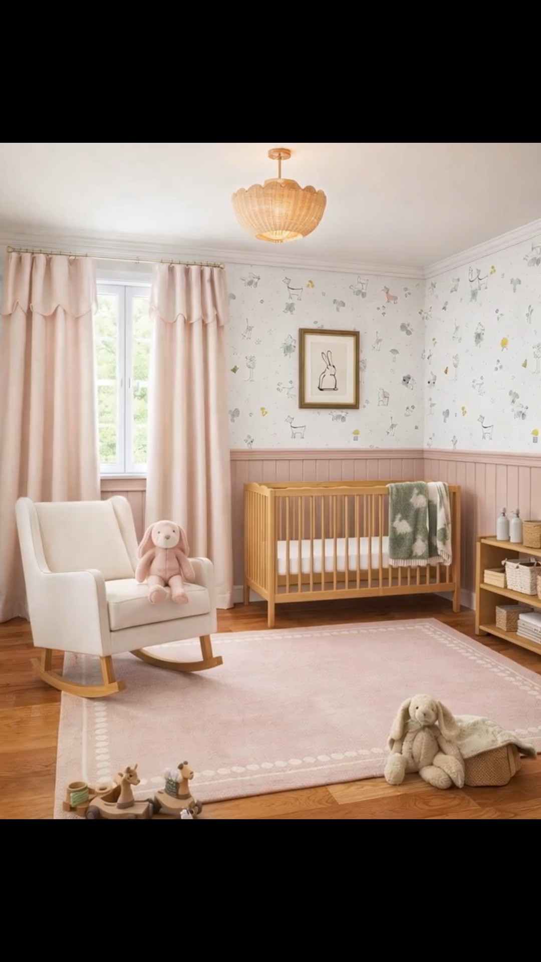 Cute nursery mood board, scalloped crib and nursery changing table, neutral rocker and blush rug, cute wallpaper from Chasing Paper. Scalloped curtains. #homedecor #nursery

#LTKBump #LTKHome #LTKBaby