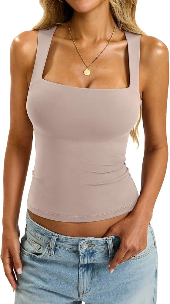 Womens Padded Tank Tops Double Lined Built in Bra Sleeveless Top Square Neck Slim Fitted Summer T... | Amazon (US)