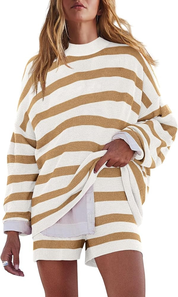 LAMISSCHE Womens Oversized Lounge Sets 2 Piece Outfits Striped Matching Pajama Set Long Sleeve Sw... | Amazon (US)
