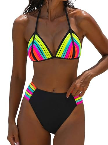 popvil Triangle Halter Bikini Sets for Women Neon Two Piece Sexy Cheeky Swimsuits High Cut String Bathing Suit | Amazon (US)