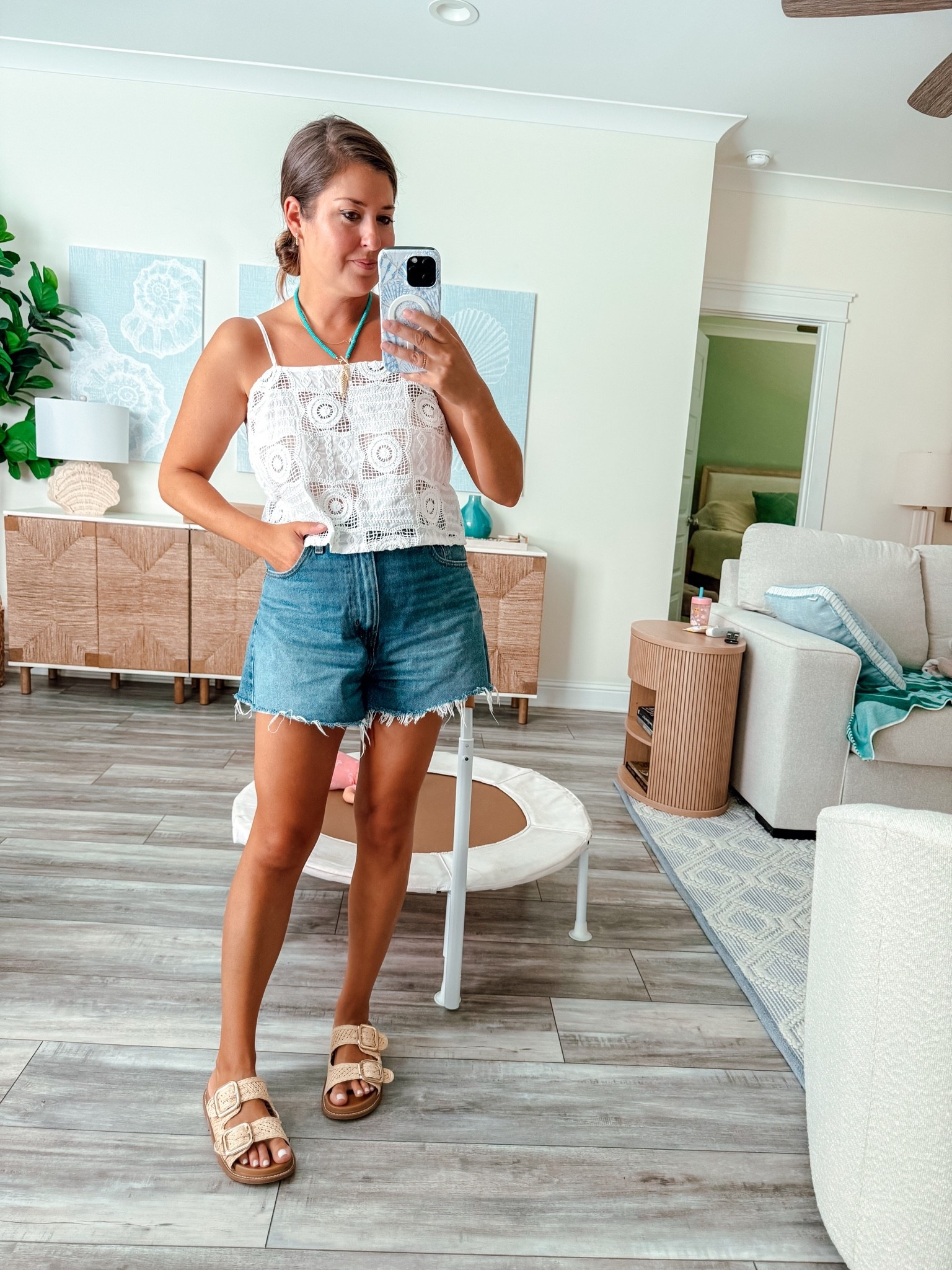 Summer outfit, crochet tank, cutoff shorts 

Wearing medium

#LTKootd