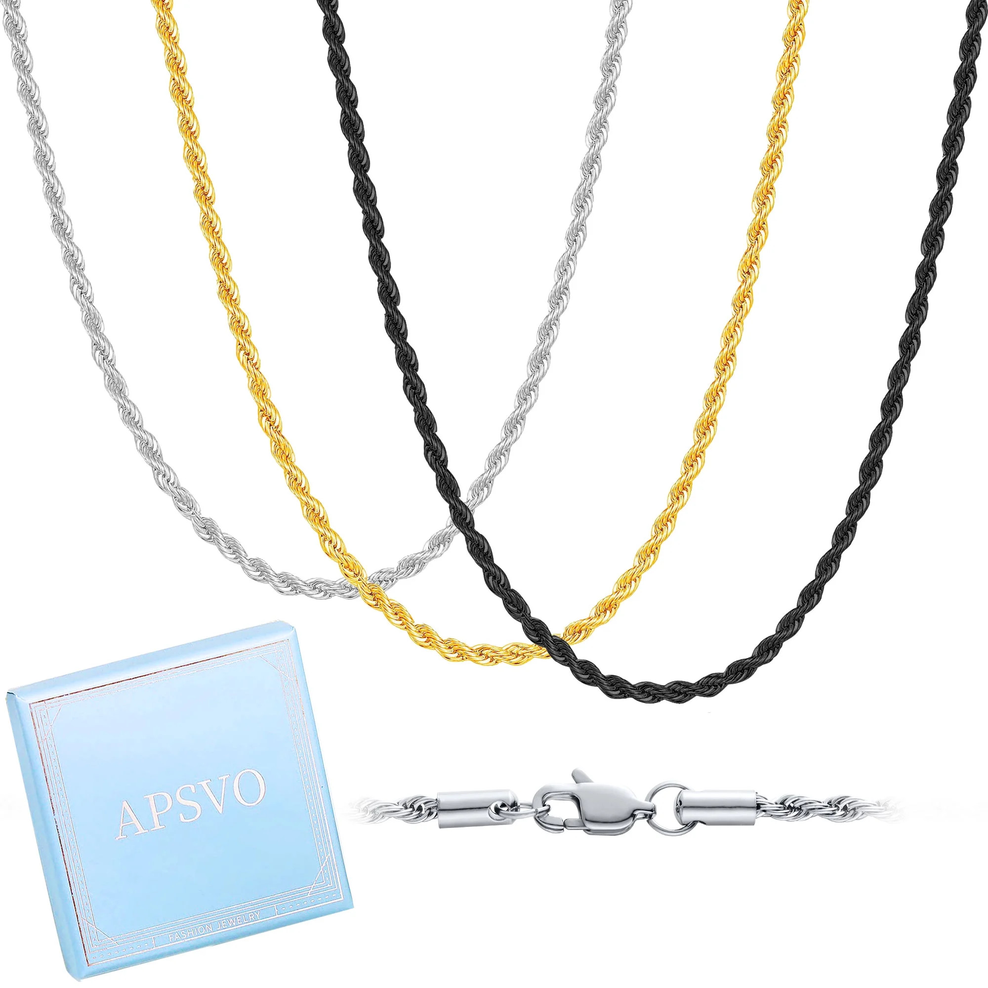 3 Pcs Chain Necklace Men Women,3mm Stainless Steel Silver Black Gold Twisted Braided Rope Chains ... | Walmart (US)