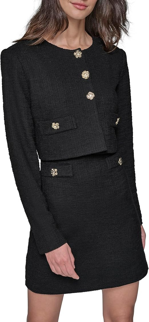 Karl Lagerfeld Women's Long Sleeve Gold Buttoned Cropped Tweed Jacket | Amazon (US)