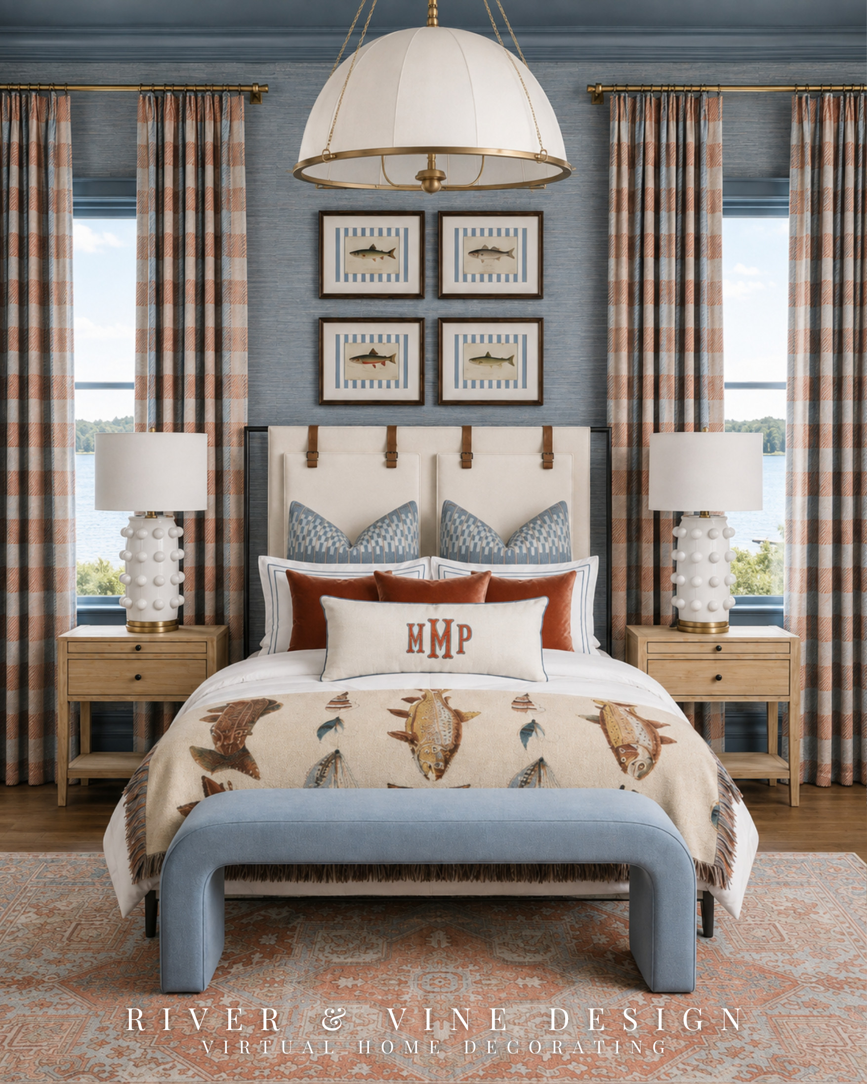 A lake house bedroom can feel playful without looking overly themed. The secret is treating the fish motif as an accent, then building the room around a sophisticated blue-and-rust color story.

Tailored plaid curtains, patterned pillows and a vintage-style rug repeat the palette in different scales, while crisp white bedding gives the eye a place to rest. The fish blanket and framed prints bring personality, but the leather-trimmed headboard, upholstered bench and brass lighting keep the overall look polished and collected. It’s a room made for slow summer mornings by the lake—comfortable, character-filled and designed to grow beyond one season.

lake house bedroom decor, classic boys bedroom, blue and rust bedroom, heritage inspired bedroom, plaid bedroom curtains, fish theme bedroom, traditional bedroom decor, layered bedding ideas

I may receive a commission from purchases made through my links.

#LTKHome