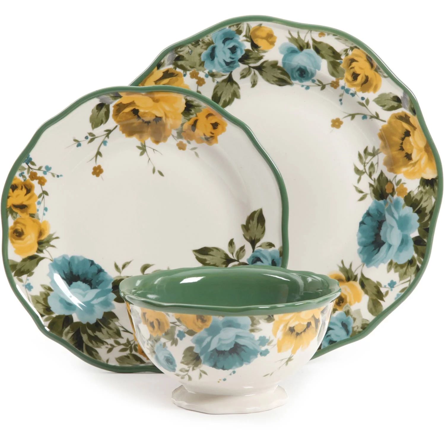 The Pioneer Woman Rose Shadow Green Ceramic 12-Piece Dinnerware Set | Walmart (US)