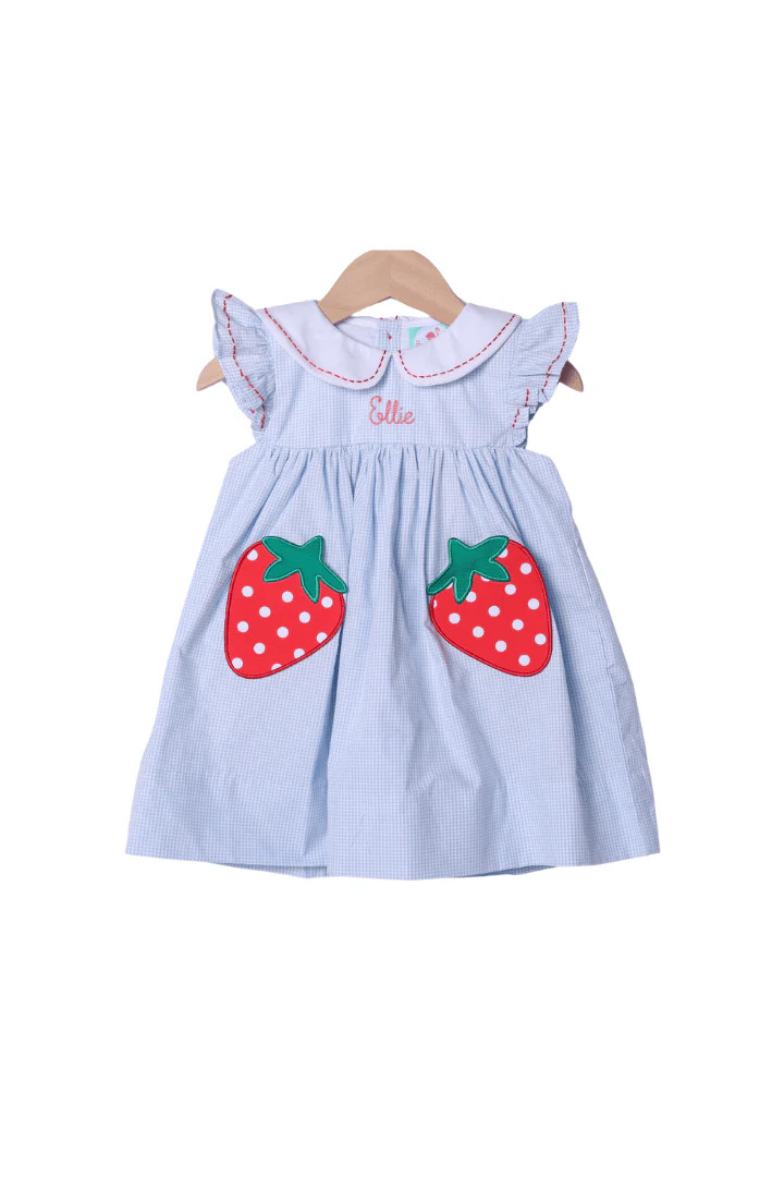 Strawberry Patch Blue Gingham Dress | The Smocked Flamingo