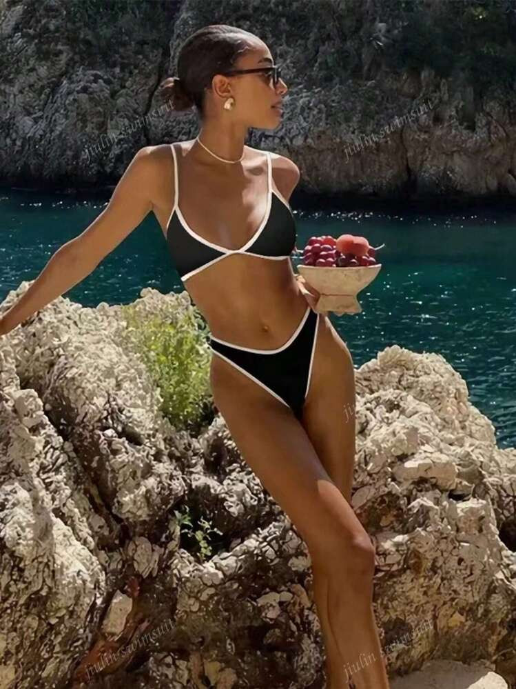 Women's Solid Black & White Splice Sexy Casual Vacation Bikini Swimwear Set, For Summer Beach | SHEIN