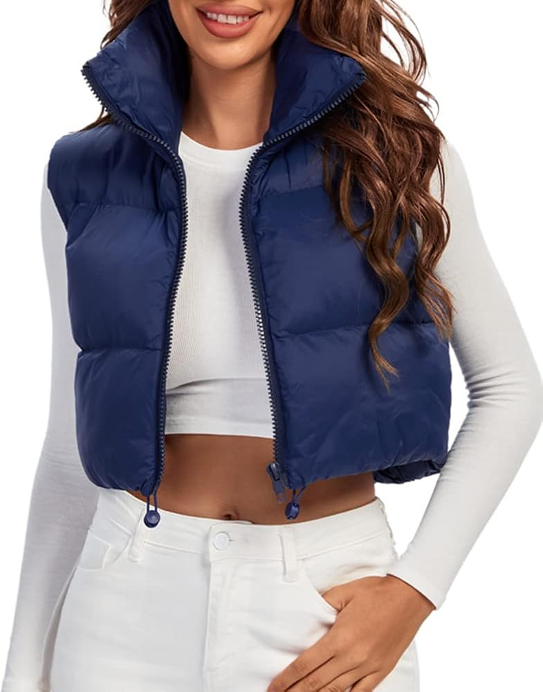 Fuinloth Women's Padded Vest, High Stand Collar Lightweight Zip Crop Puffer Gilet | Amazon (US)