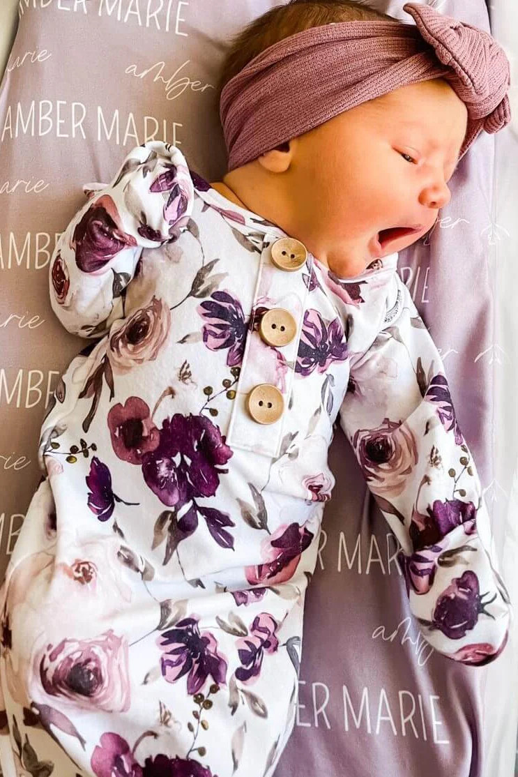 Demi's Dusty Purple Floral Newborn Baby Knot Gown & Hat Set | Caden Lane