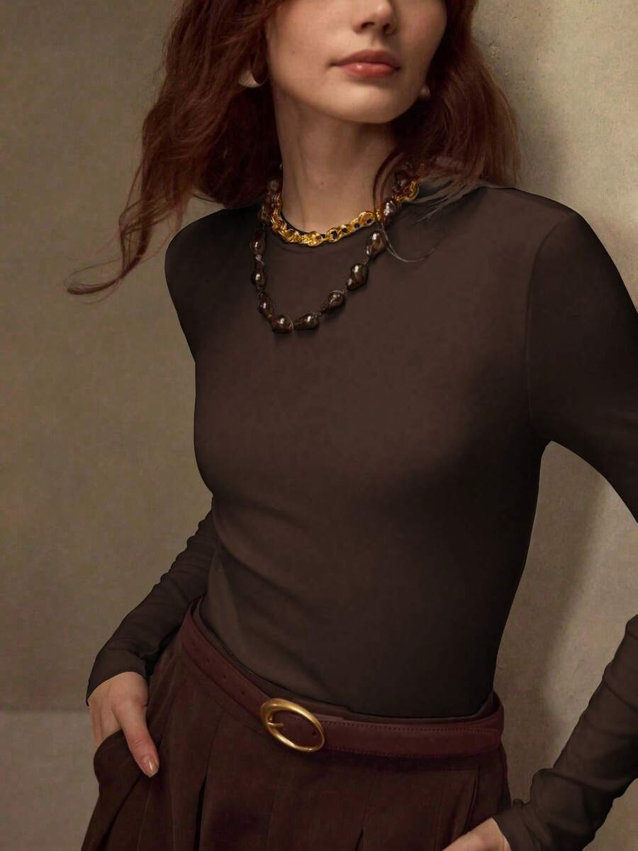 MOTF PREMIUM STRETCHY SKIN-FRIENDLY SOLID COLOR ROUND NECK SLIM FIT FASHIONABLE LONG SLEEVE VERSATILE WOMEN'S BASE LAYER TOP | SHEIN