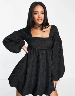 ASOS DESIGN babydoll mini dress in jacquard in black | ASOS (Global)