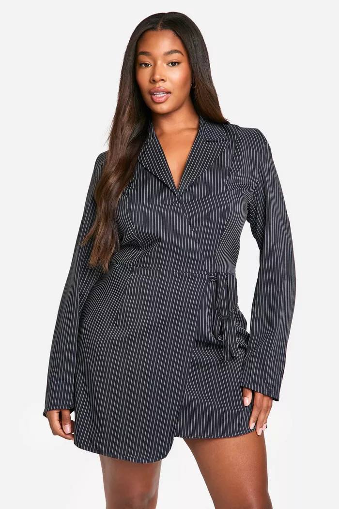 Plus Woven Stripe Tailored Wrap Dress | boohoo (US & Canada)