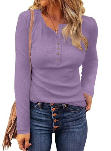WNEEDU Women's Waffle Knit Tops Casual Long Sleeve Blouses Slim Fit Button Down V Neck Henley Shirt(Light Purple,S) | Amazon (US)