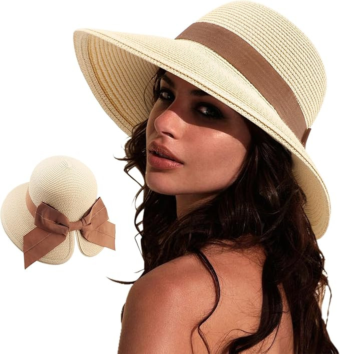 DRESHOW Sun Hats for Women Travel Fedora Foldable Beach Sun Hat Summer Wide Brim Straw Bucket Hat... | Amazon (US)