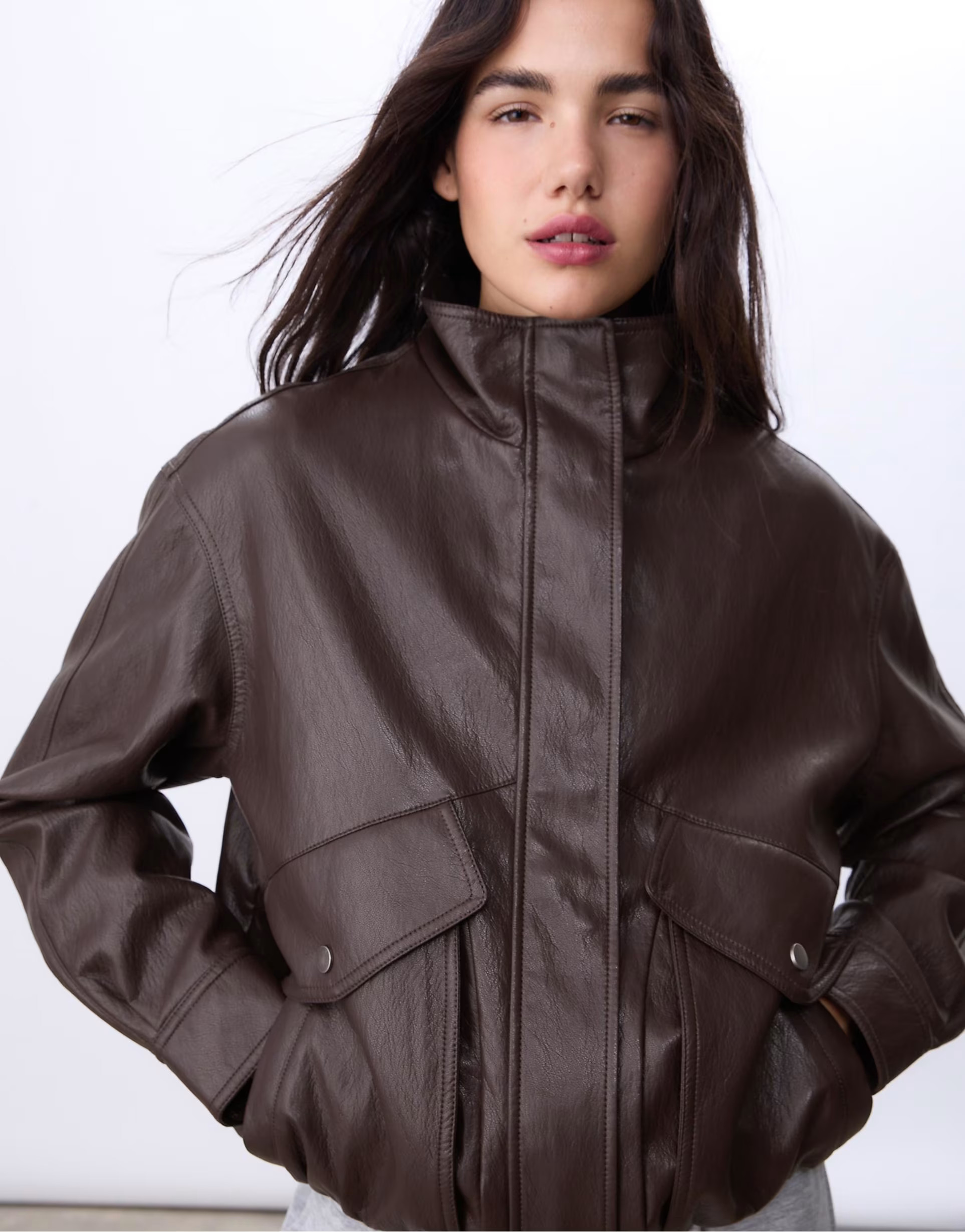 Stradivarius Oversize faux leather jacket in brown | ASOS (Global)