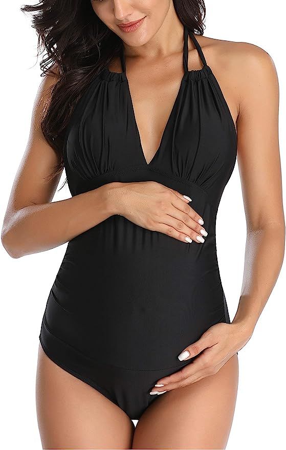 EastElegant Maternity Swimsuits One Piece V-Neck Pregnancy Swimwear Halter Maternity Bikini | Amazon (US)
