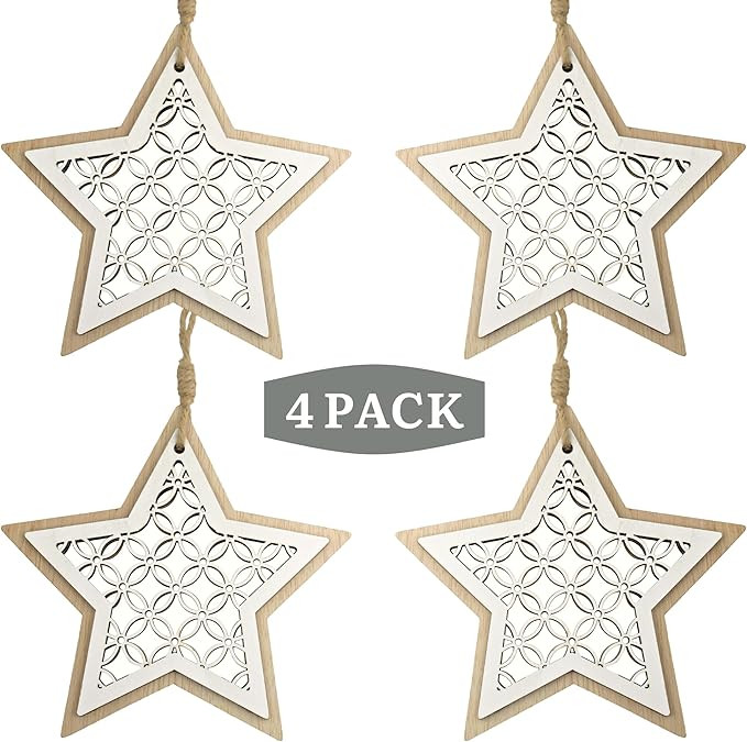 Wooden Star Christmas Tree Ornaments - Set of 4 - White Wooden Star Hanging Ornament - Rustic Far... | Amazon (US)