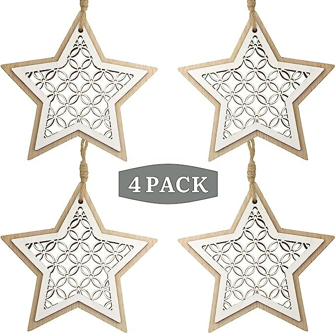 Wooden Star Christmas Tree Ornaments - Set of 4 - White Wooden Star Hanging Ornament - Rustic Far... | Amazon (US)