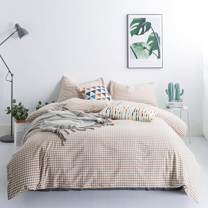 SUSYBAO Tan Gingham Duvet Cover King 100% Washed Cotton Beige Plaid Duvet Cover Set 3 Pieces 1 Ch... | Amazon (US)