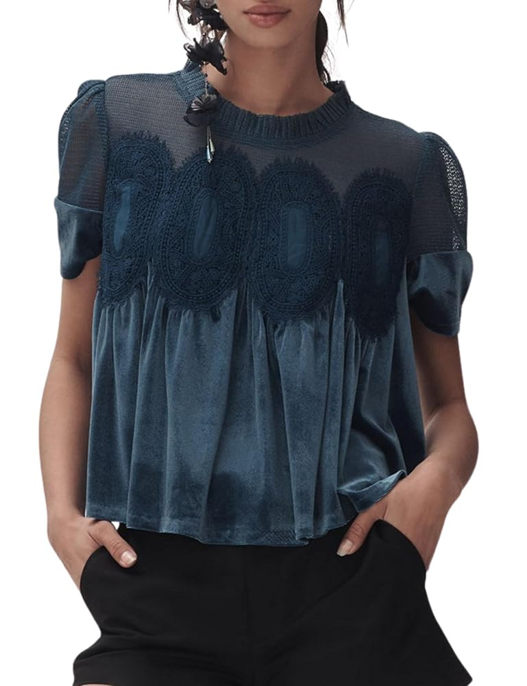 Gozoloma Women's Velvet Lace Blouse Casual Round Neck Short Sleeve Flared Swing Top Elegant Loose... | Amazon (US)