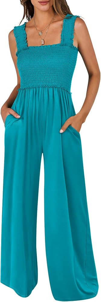 ANRABESS Jumpsuits for Women Casual, Smocked Sleeveless Wide Leg Comfy Rompers With Pockets, Summ... | Amazon (US)